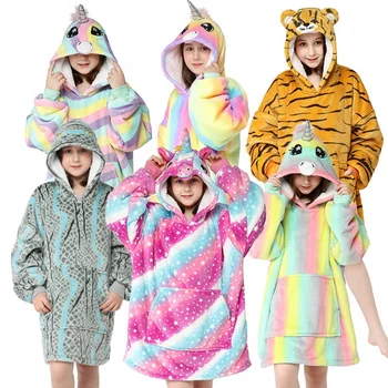 lovely unicorn face animal patterns flannel children one size thermal blanket Nightgown warm thickened pullover kids Nightgown