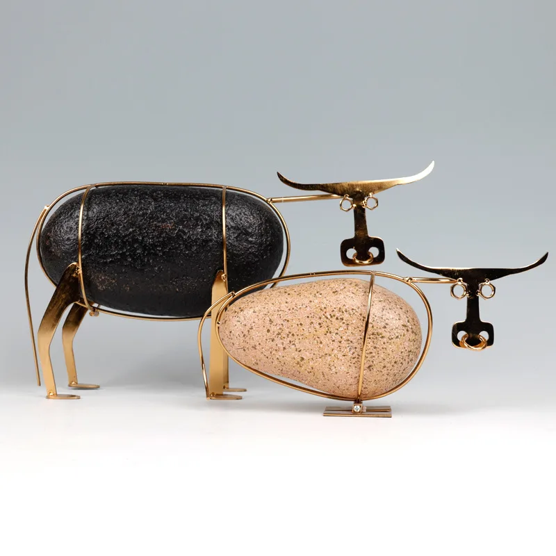Abstract Metal Iron Bull Shape Stone Combination Creative Luxury Home Office Desktop Handicraft Ornaments