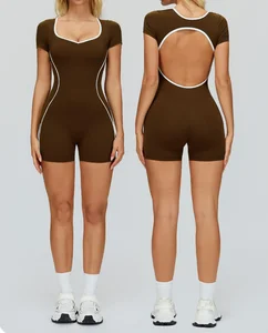 Wholesale Custom Logo Women Fitness Clothing Open Back Gym Bodysuit Short Sleeve Color Blocking Skinny Fitness Jumpsuit