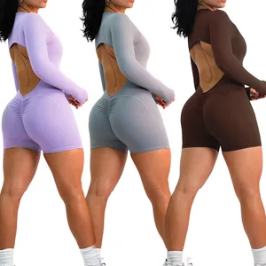 Custom Gym Clothing Quick Dry Long Sleeve Yoga Jumpsuit Women One Piece Backless Plus Size Sports Bodysuits Jumpsuits