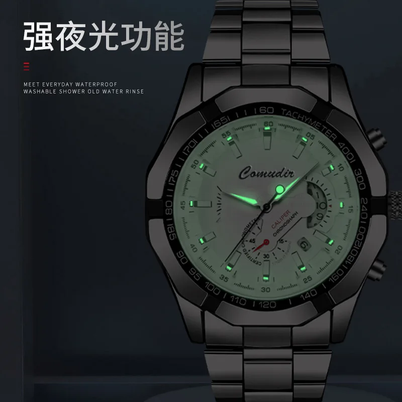 Men Business Luminous Automatic Quartz Watch Waterproof Calendar Multifunctional Stainless Steel Strap Quartz Clock Watch
