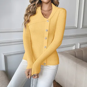 2025 New Women's Clothing,Pearl Decorated Solid Color Asymmetrical V-Neck Ladies Sweater, Women's Casual Wear
