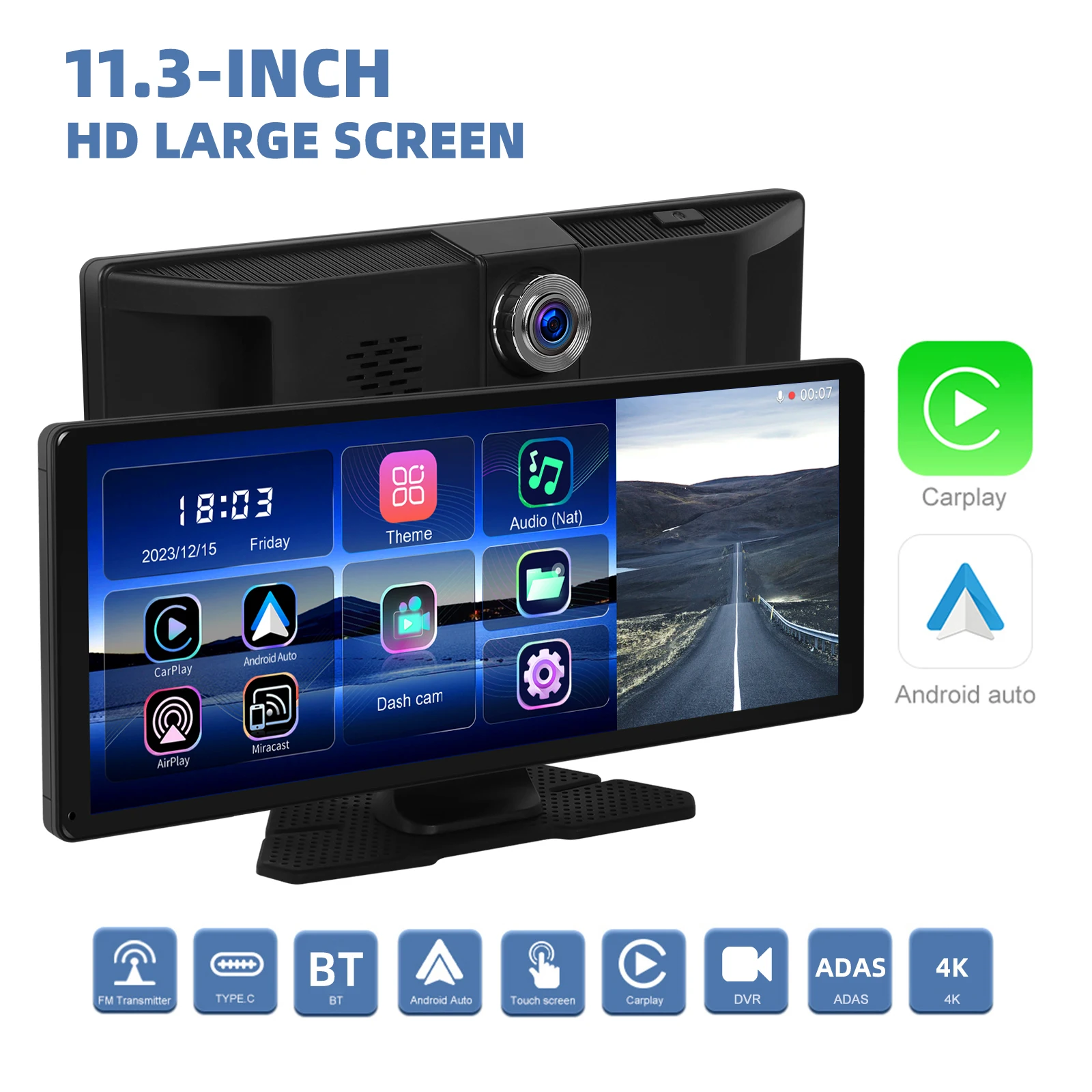 Dash Cam Podofo 4K Con Schermo 12 Pollici - Wireless CarPlay/Android Auto, G-Sensor, SD 64G Inclusa