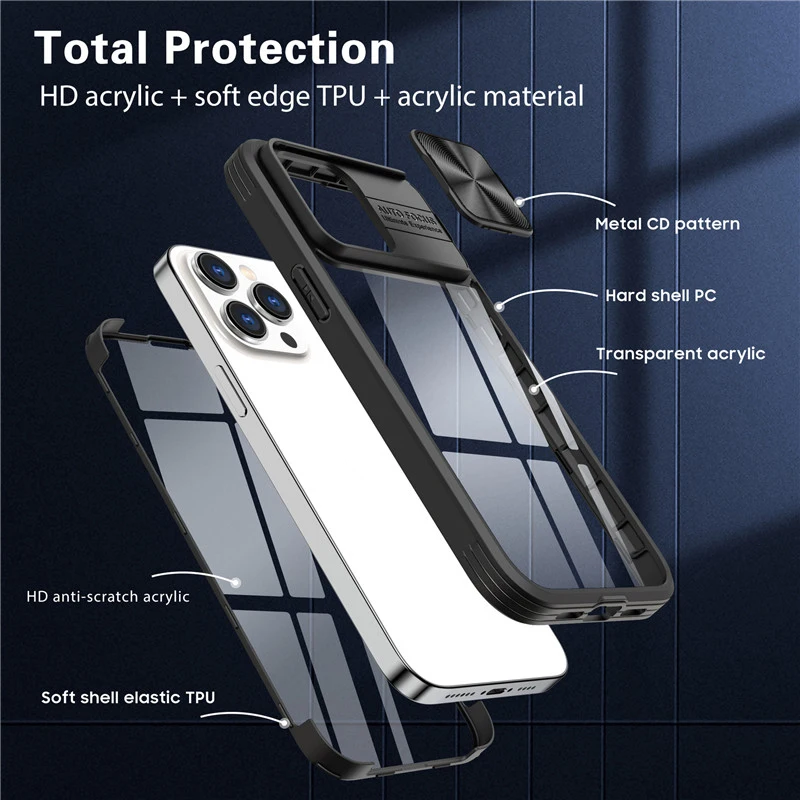 Double Side Cover Protective 2 in 1 Shockproof TPU PC Transparent Push Camera Window Mobile Phone Case for iPhone 14 13 12 11