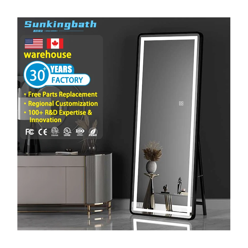 Classic Gold Aluminum Framed  Home Decor Full Length Floor Body Dressing Smart Touch Switch Led Standing Mirror for Living Room