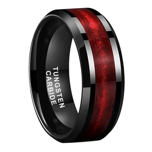 8mm Wholesale Mens Womens Engagement Wedding Bands Red Flowing Sand Inlay Beveled Polished Shiny Black Tungsten Carbide Rings