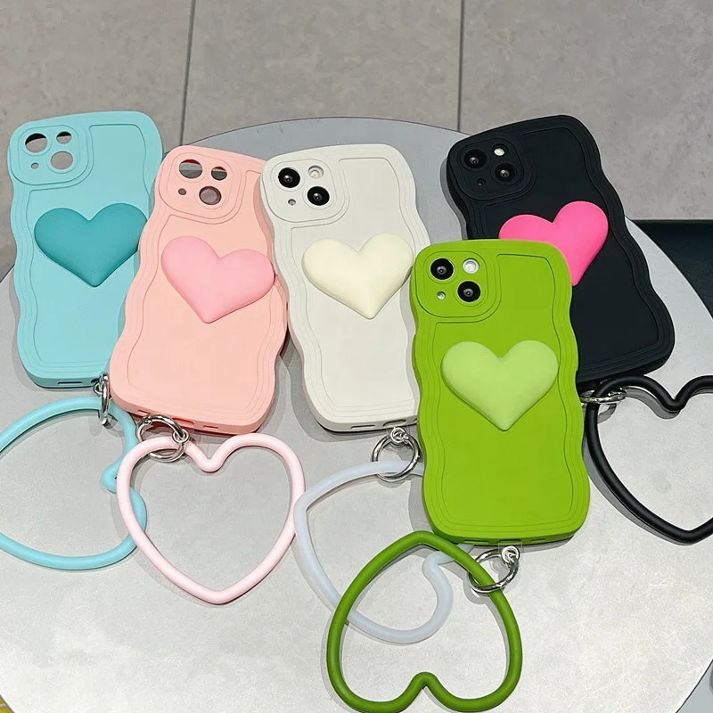 Cute Love Heart Curly Wave Frame Design Case For Iphone 16 15 14 13 12 11 Plus Pro Max Solid Color Soft Silicone Gel Phone Cover