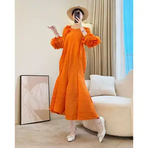 European and American Style Miyake Pleated Dress Cuff Elegant Casual Lady Dress with Three-Dimensional Flower Design
