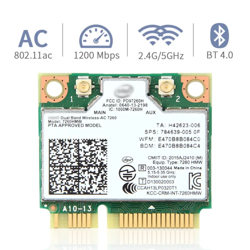 Dual Band Wireless Card For Intel 7260ac 7260HMW Mini PCI-E 2.4G/5Ghz Wlan Wifi Bluetooth 4.0 802.11ac/a/b/g/n