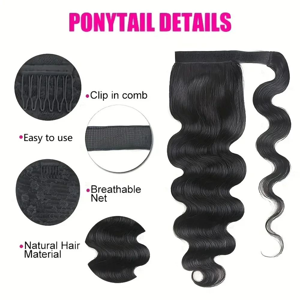 Extension de cheveux brésiliens Remy Body Wave à clipser en queue de cheval_voghion.com