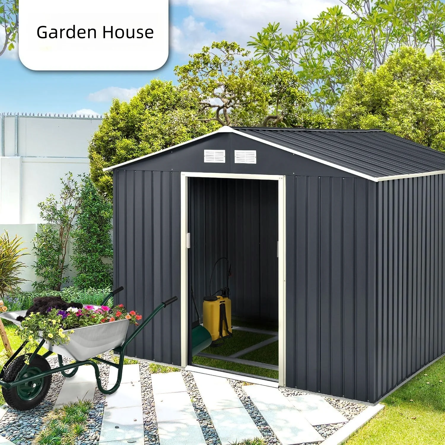 Garden House Tool Shed Metal Tool with Gable Roof and with Sliding Door  Storage House for Europe