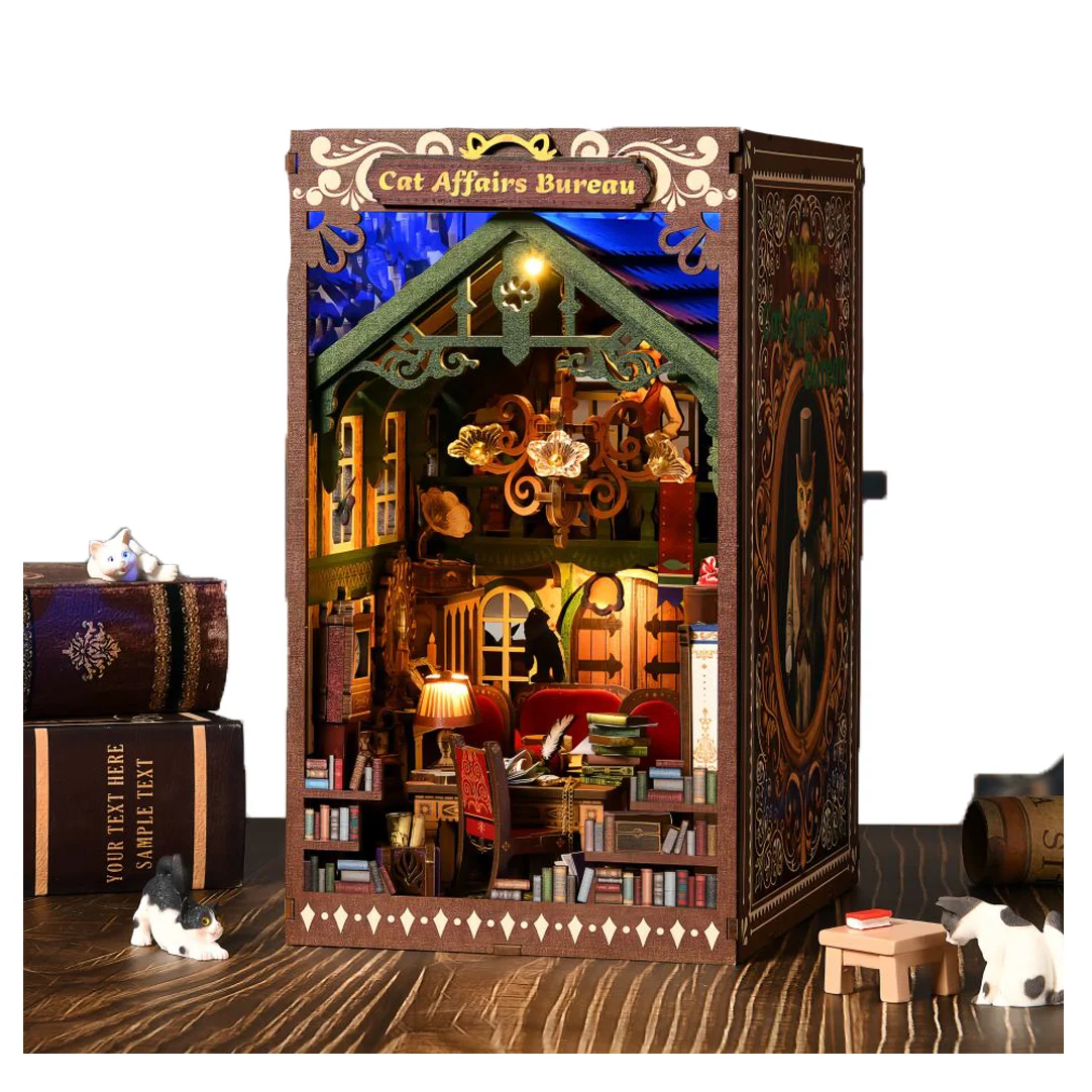 CAYI 2025 Cat Affairs Bureau Book Nook Kit Casa de Muñecas Booknook Miniatura con Luz LED Soportes para Libros Diy para Niños