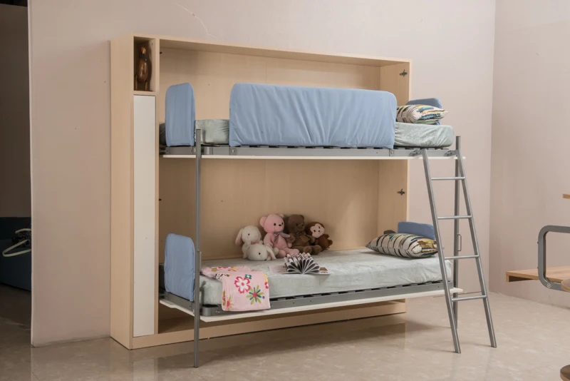 Modern Folding Murphy Bunk Bed with Pull-Down Trundle Space-Saving Wall Bed Design Single Saving Wood Panel Style