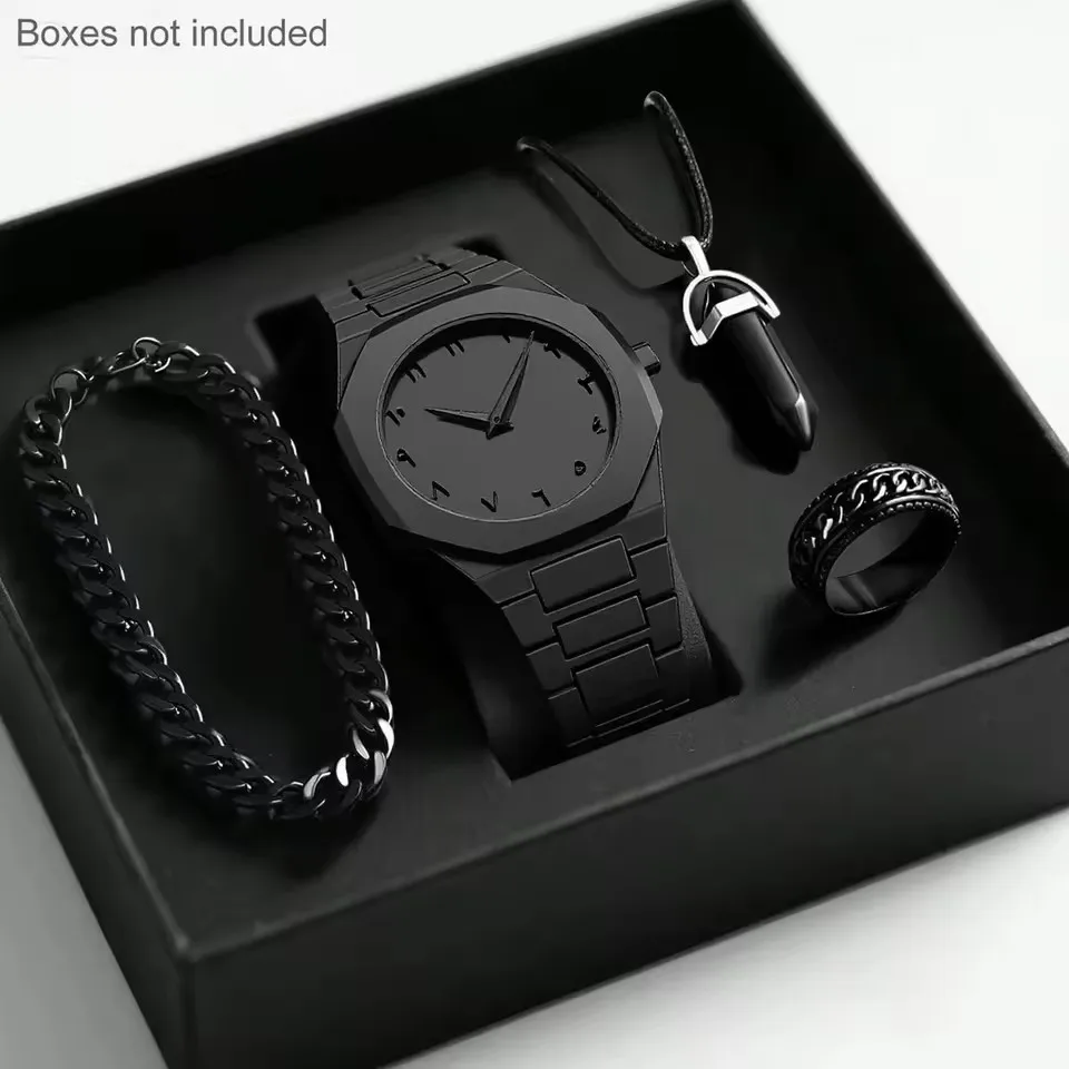 1158 Cs008 Gift Set Four Piece Black Rings Bracelets Necklaces Muslim Quartz Watch Witho aperçu 6