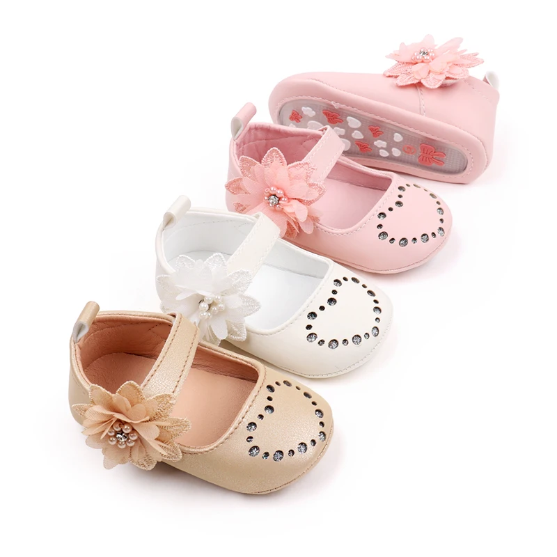 PU Leather Hollow Heart Rhinestones Lace Embroidery Flowers Solid Color Baby Girls Princess Shoes