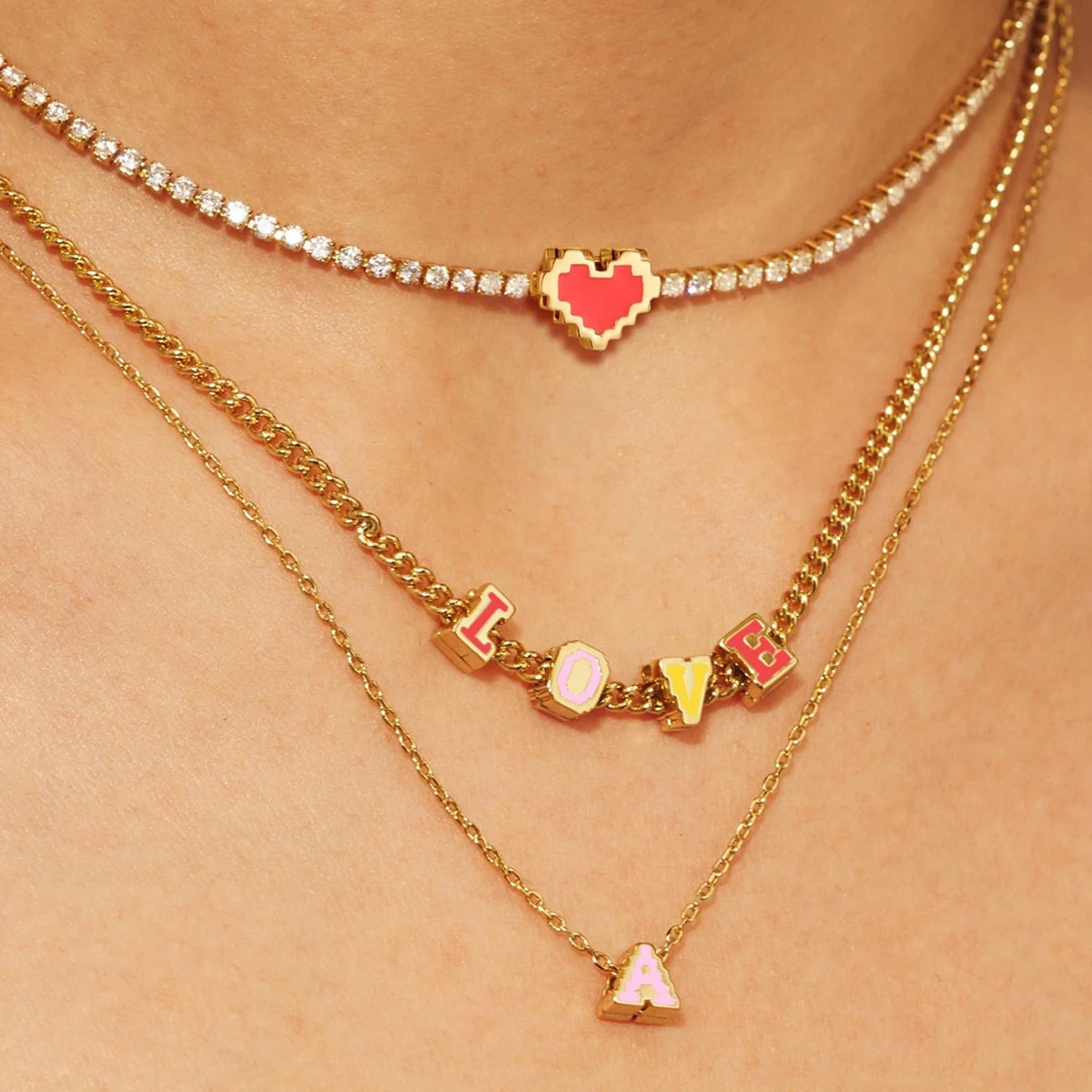 Mini Enamel Initial Charm Personalized Gold Stainless Steel Pixel Alphabet Letter Heart Face Bead