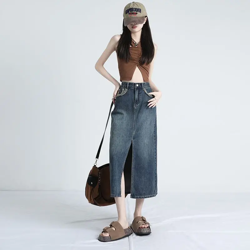 High Quality High Waisted Casual Denim Skirt Floral Maxi Length