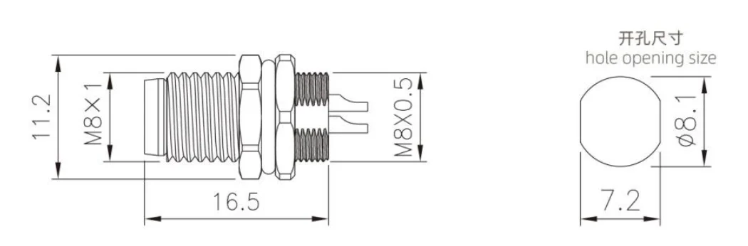 Industrial Grade M8 Male Front Mount Socket(solder,screw M8*0.5) IP67