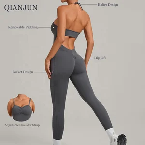 New Women's Slim Fit Exercise Yoga Jumpsuit Active Wear Breathable Bodysuit on Side Pocket Deign Gym Fitness Workout Jumpsuit