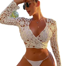 Jacket Women Short Cardigan Long Sleeve Sexy Hollow Out Front and Back Can Be Tied Tie Beach Bikini Cover-Up