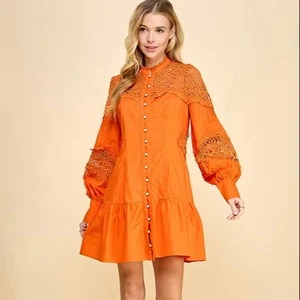 Women's Orange Translucent Lace Stand Collar Dress Crochet Panel + Pearl Button Lantern Sleeves for Luxury Cocktails/Fashion