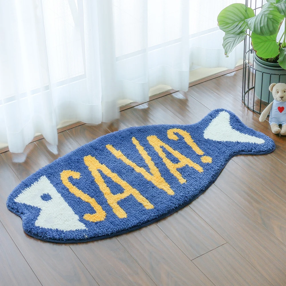Big Machine Tufted Fish Animal-shape Bathroom Anti-Slip TPR Floor Mat Strong Water Absorption Microfiber Shaggy Bath Mat