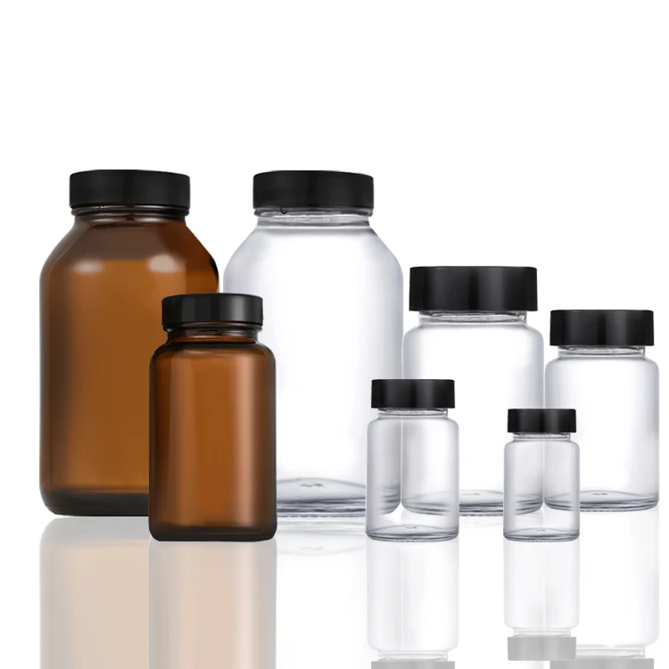 OEM 15 ml 30 ml 60 ml 100 ml Bernstein- und klare Glas-Pillenflaschen mit breitem Hals, Großhandel