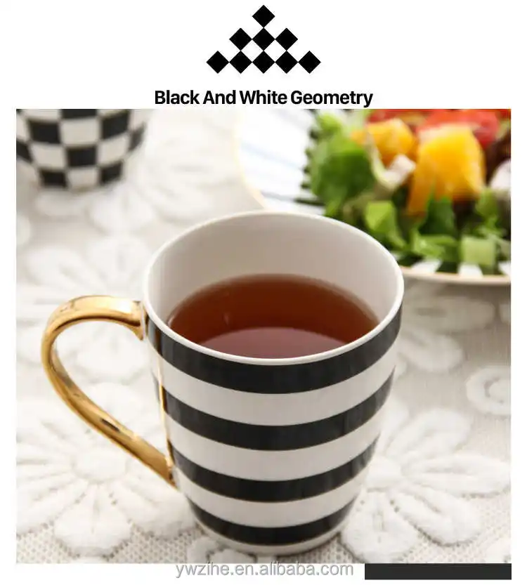 Ceramic Black and White Stripe Lattice Mugs With Gold Handle Spoon