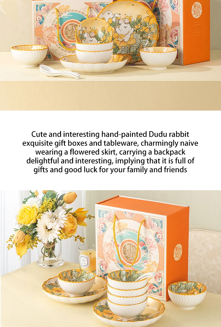 Rabbit Theme Ceramic Bowl Combination Set Household Durable Dinnerware Set Porcelain New Under Glaze Color Gift Cute Customized details