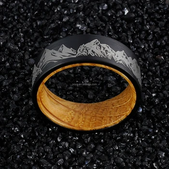 POYA 8mm Black Flat Tungsten Ring with Whiskey Barrel Wood Inlay