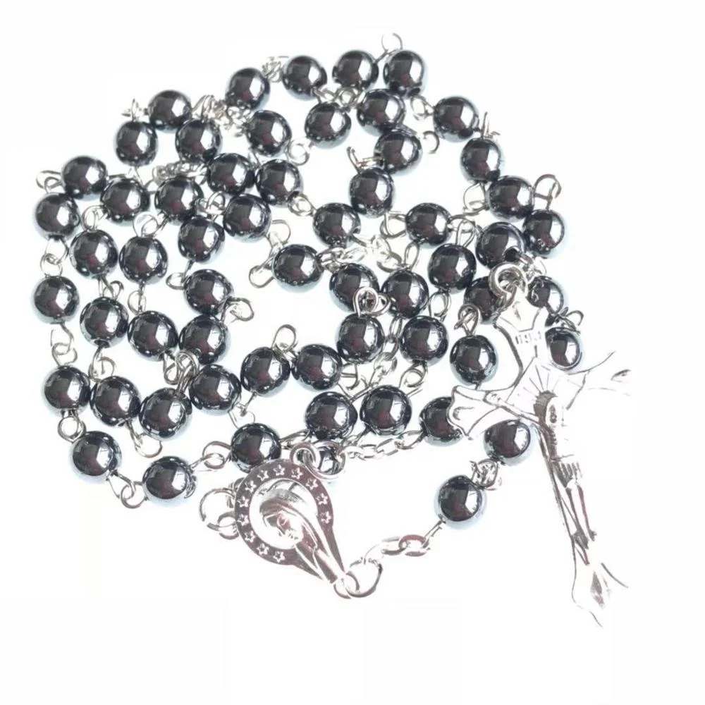6mm Religious Hematite Rosary Catholic Chain Necklace with Zinc Alloy Jesus Pendant