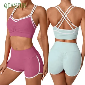 Women Short High Quality Compression Two Piece Shorts Sports Bra Tracksuit 2 in 1 Pleated Butt Lifting Sports Shorts Yoga Set
