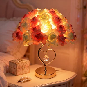 JACKSUN Pink Rose Flowers Table Lamp Push Button   Bedside Nightstand Light Wedding Decor Flower Desk Lamp