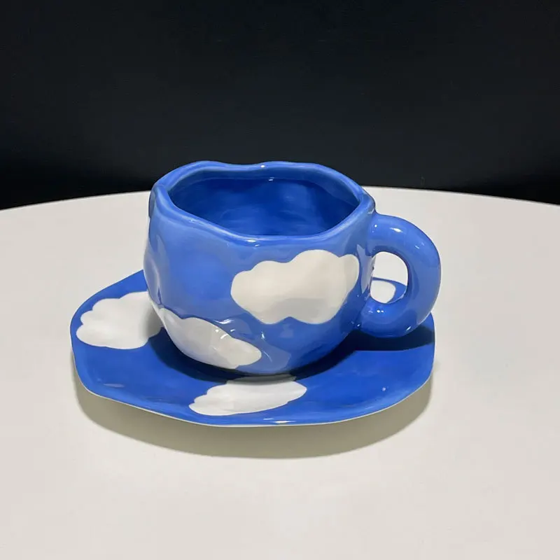 Dreamy Cloud Mug and Saucer - Blue and White Painted Cloud Sky Cup