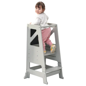 Montessori Adjustable Toddler Standing Learning Tower with Black Boards Kids Kitchen & Bathroom Step Stool Learning Tower