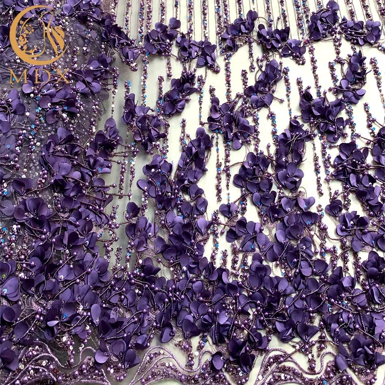 
Factory Wholesale High Couture Purple Flower Handmade Beaded Net Lace Embroidered 3D Wedding Dress Lace Fabric 