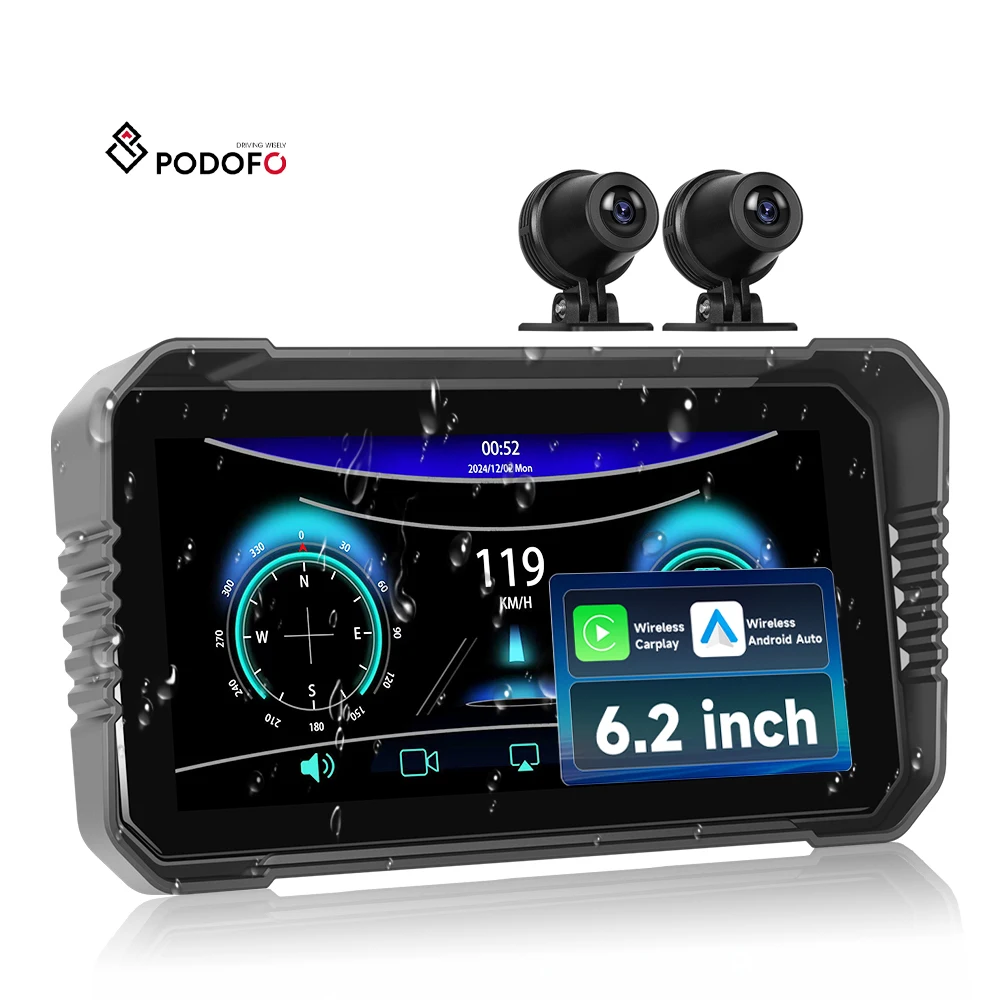 Podofo 6.2 Inch Portable Screen Motorcycle Carplay/Android Auto BT WiFi  IP68 Waterproof with 2 Cameras BSD ODM Customization A4052