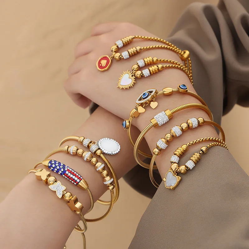 Fashion Bracelet  Stainless Steel Adjustable 18K Gold Plated   Heart Charm Beaded Bangle Bracelet for Women