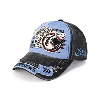 MINAKOLIFE Rock Shark Vintage Cotton Baseball Cap - Distressed Embroidered Snapback Hat