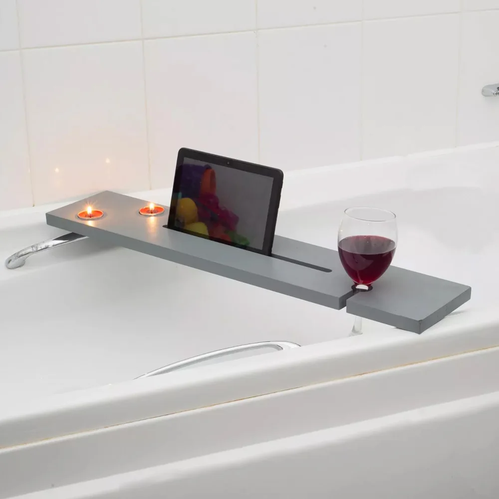 Grey Wood Bath Tub Rack Caddy Bathroom Shelf with Wine Glass Tablet Tea Light Holder Set