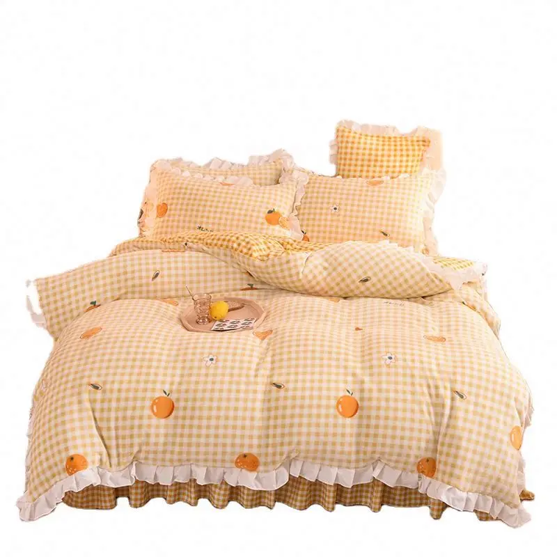 Wholesale Lace polyester bedding printed ruffles bed spread pillowcase four piece bed Set