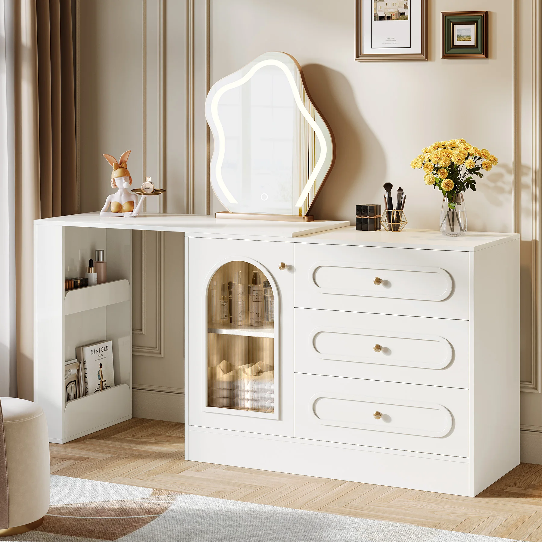 Modern 3-Drawer Vanity Dresser Combo with L-Shaped Desk Modern 3-Drawer Vanity Dresser Combo with L-Shaped Desk