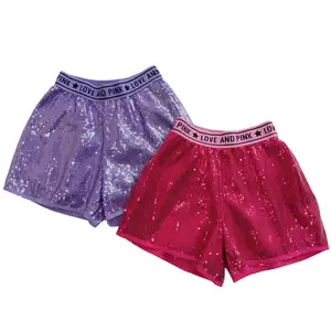Customizable New Arrival Shiny Elastic Waist Purple Kids Girls Sequined Sport Shorts Pants for Summer