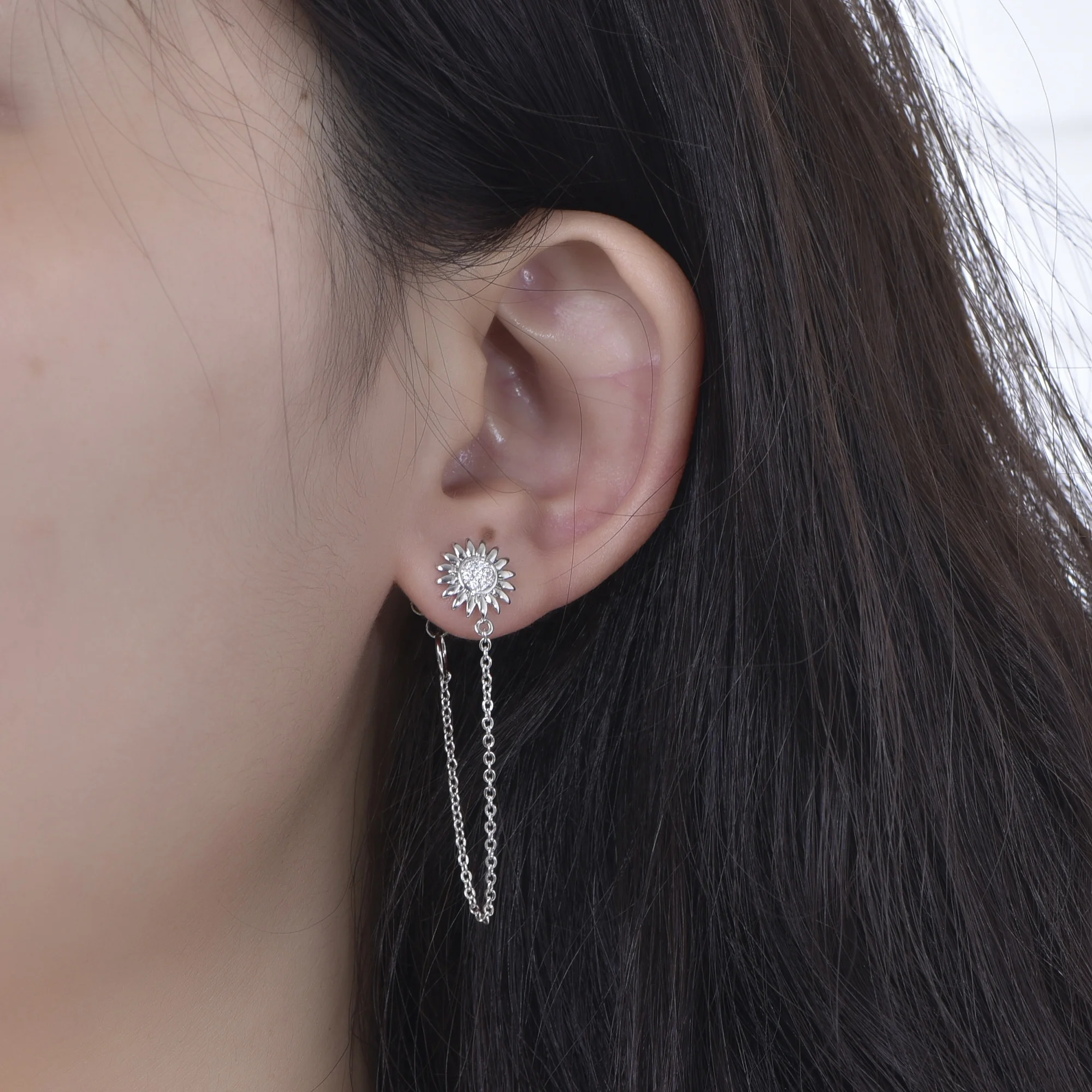 Women mens double piercing ear ring clip on chain earrings star cuff with long chain earrings dangle drop link chain earrings
