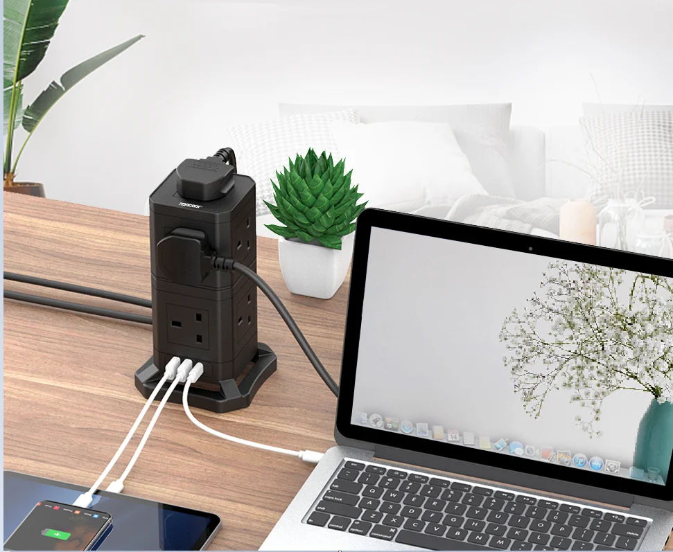Detachable And Stackable Uk Tower Power Strip With Typec Pd 30w Fast