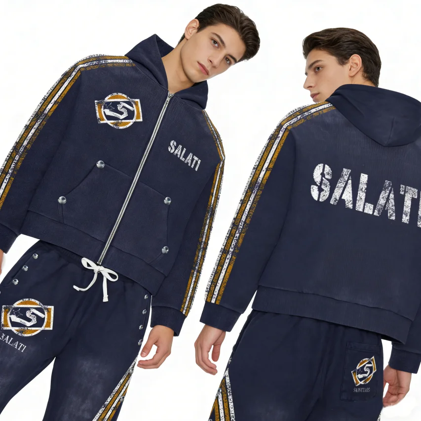 SALATI Custom logo Pattern Manufacturers Good Quality Tracksuits Mens Flared Sweatpants and Hoodie Sets Tracksuit Set Unisex gallery 4