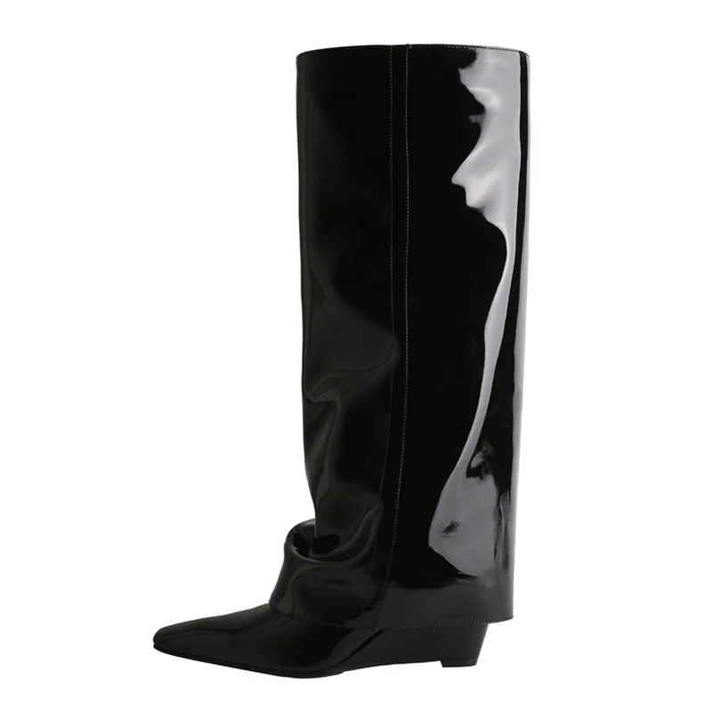 black high leg wedge boots