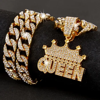 Best Sale Rhinestone Hip Hop Necklace Domineering Big Crown Queen Pattern Full Diamond Necklace