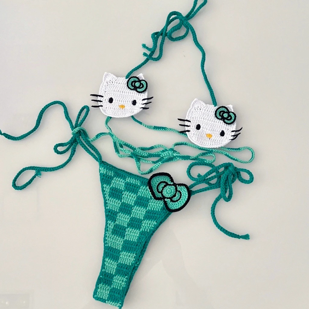 Handmade Beachwear Fashion Cute Checkered Green Bottom Multi Green Color String Crochet Tiny Thong Bikini Set Bathing Suit