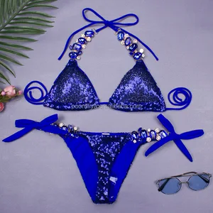 Custom Sequin Bead Rhinestone Embellished Triangle Bikini 2-Piece Set  for Beach and Performance Wear Eco-Friendly